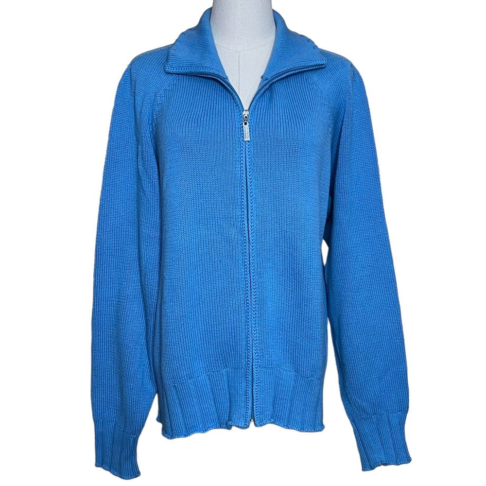 Vintage ALPS Knit Full Zip Sweater Cardigan Women's L Blue 100% Cotton High Neck
